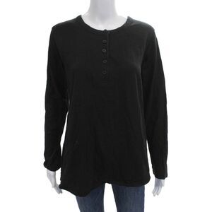 Leallo Womens Basic Button-Up Long Sleeve Black Cotton Top Size L